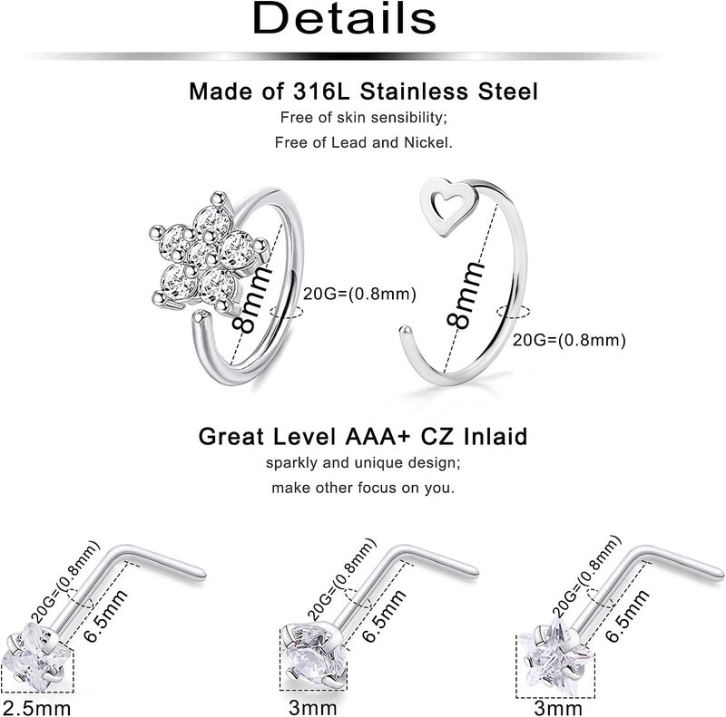 Ftovosyo 18G 20G Nose Rings Surgical Steel Nose Rings Hoop for Women Men Paved CZ Flower Nostril Piercing Jewelry L Shaped Nostril Ring Stud Set - Image 2